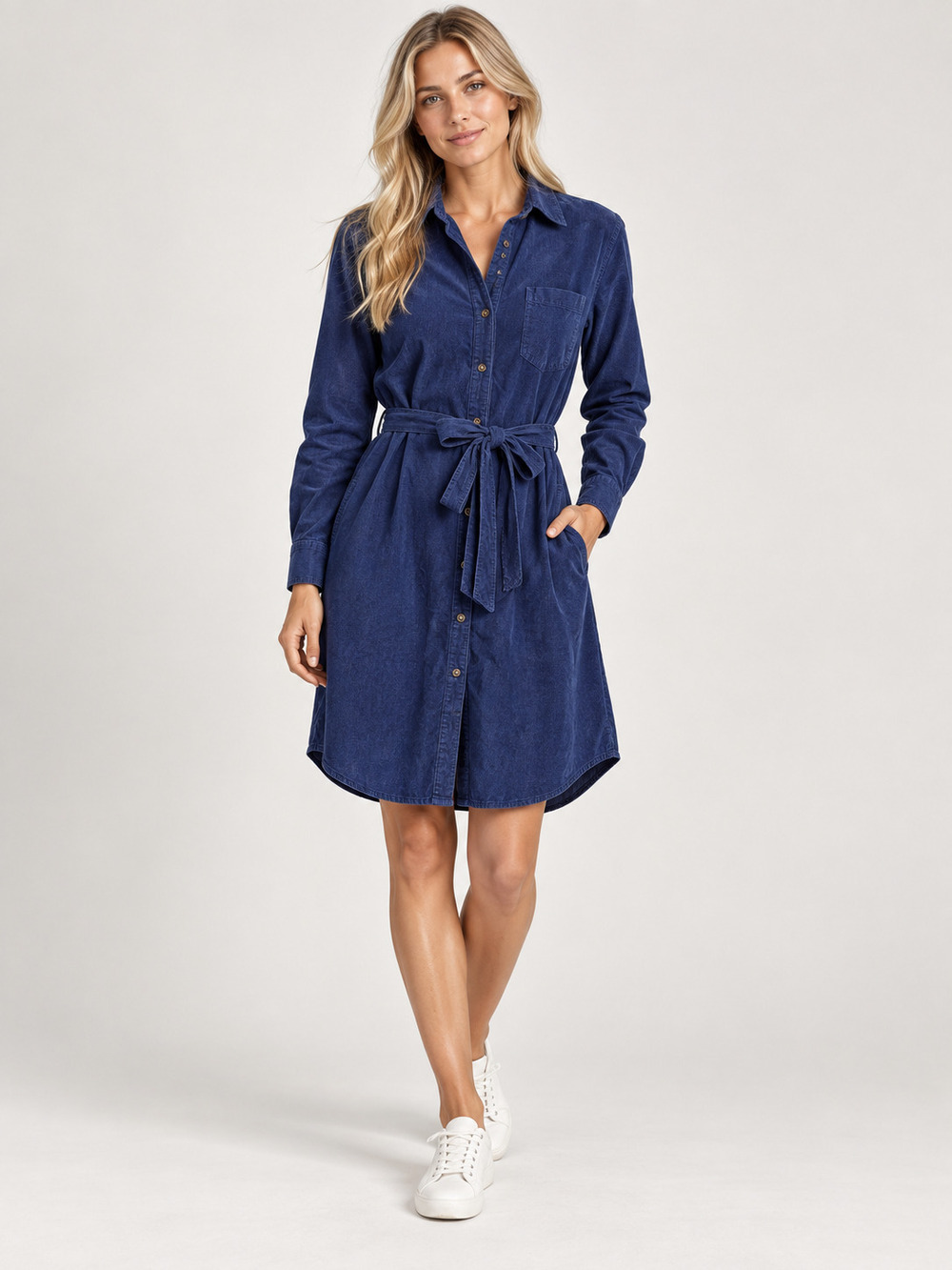 Lands' End Corduroy Shirt Dress Navy Cotton Belted S #A4863